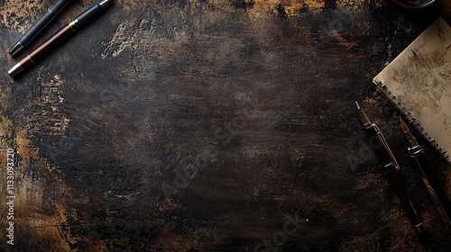 Dark Academia Desk Setup: A rustic, dark brown wooden desk provides a moody backdrop for vintage writing instruments, a weathered journal, and an antique inkwell.