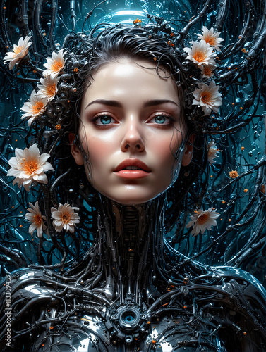 dark biomechanical portrait of a girl with flowers and bubbles