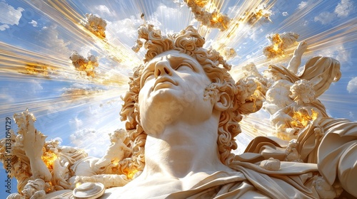 Apollo illustration surrounded by solar flares celestial scene