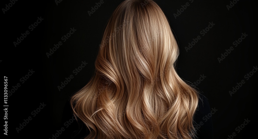 Naklejka premium A woman with long blonde hair is standing in front of a black background