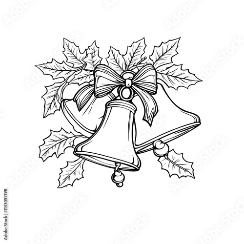 A black and white line drawing of two bells adorned with a bow and surrounded by holly leaves.