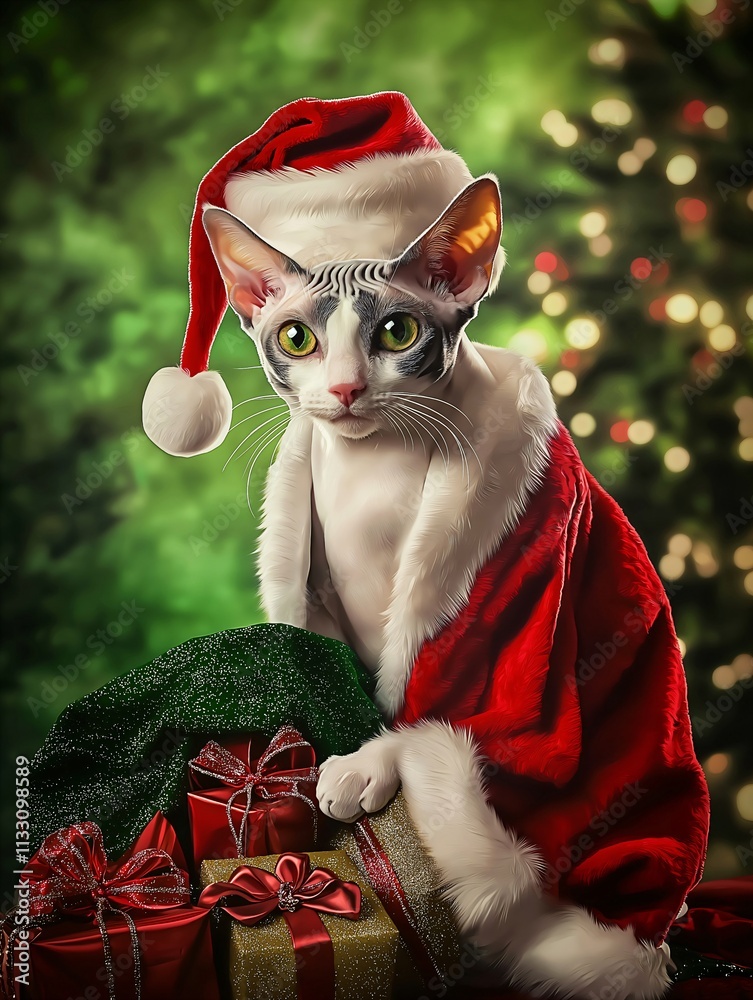 Photo: A realistic portrait of the cat in the world as Santa Claus, wearing a Santa hat and a red Santa coat, full body ,to his left is a big sack with lots of presents, in the background a Christmas