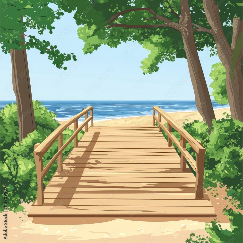 Fototapeta premium A serene wooden bridge leading to a tranquil beach, surrounded by lush greenery and bright blue skies.