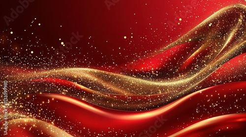 Abstract 3D Gold and Red Wave Lines on Red Background with Sparkles