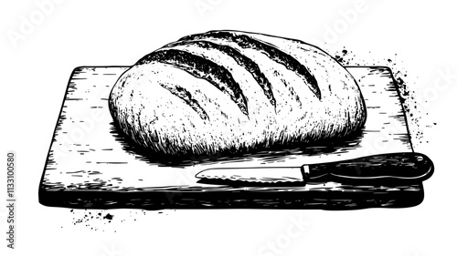 Whole sourdough loaf on a wooden surface with a knife nearby, Food Illustration