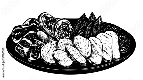 Assortment of cured meats positioned symmetrically on a large dish, Food Illustration
