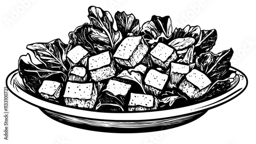 Caesar salad arranged in a dish with romaine lettuce, croutons, parmesan, and Caesar dressing, Food Illustration