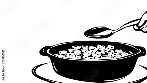 Casserole being served, portions scooped onto a plate, Food Illustration