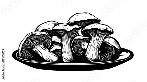 Chanterelle mushrooms placed in a small pile on a serving platter, Food Illustration