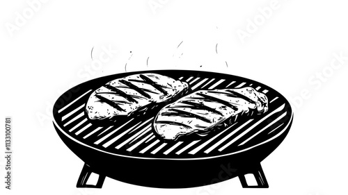 Chicken breast on a barbecue grill with grill marks and smoke, Food Illustration