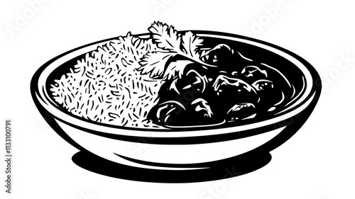 Chicken tikka masala with rice and garnish, Food Illustration