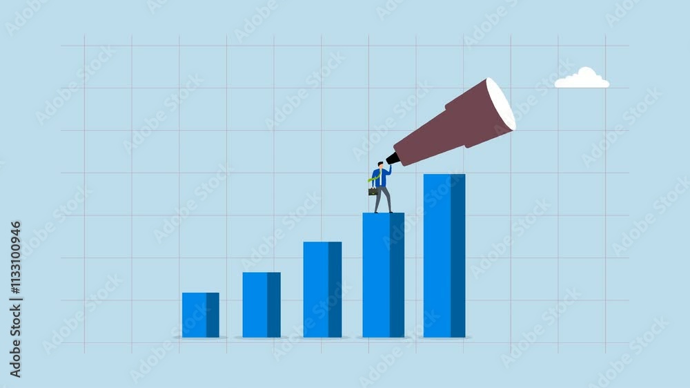 Business forecast, 4k animation of clever businessman examines large telescope focused on rising chart. 