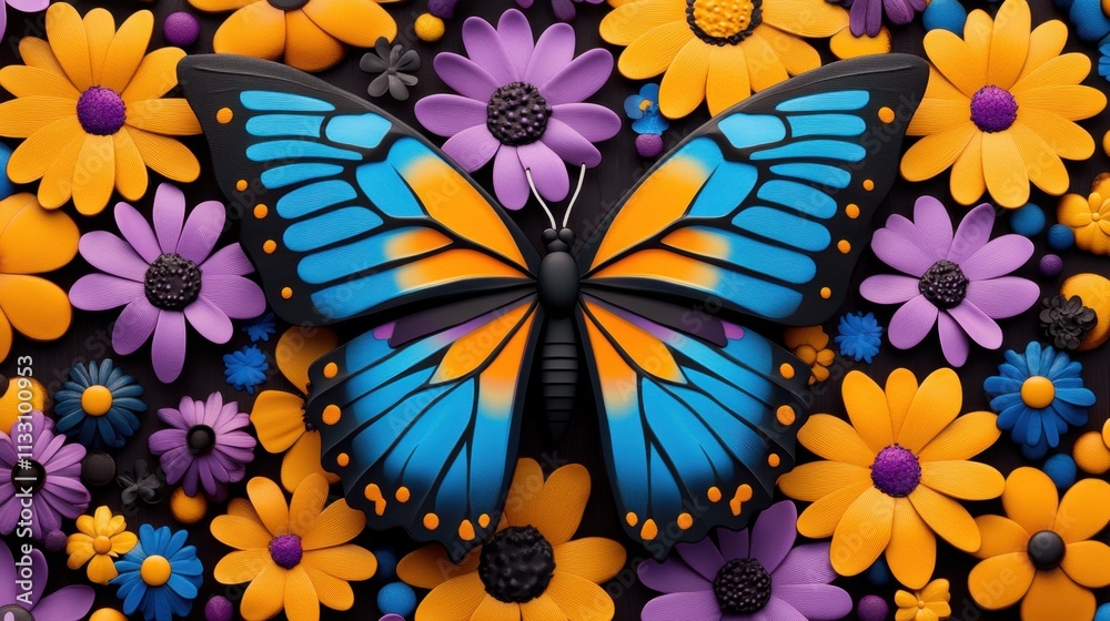Obraz premium A vibrant blue and orange butterfly with black spots rests amidst a bed of colorful flowers, all seemingly crafted from clay