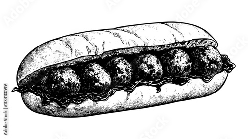 Close-up of meatball sub showing meatballs and sauce in roll, Food Illustration