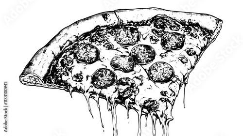 Close-up of pepperoni pizza slice being lifted, showing toppings in detail, Food Illustration