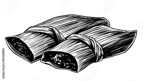 Close-up of a tamale being unwrapped, with the filling partially visible, on a plain background, Food Illustration