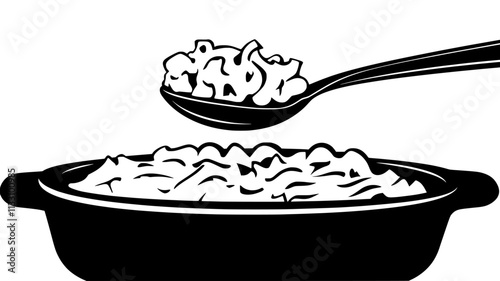 Close-up of a spoonful of mac and cheese lifted from dish, Food Illustration