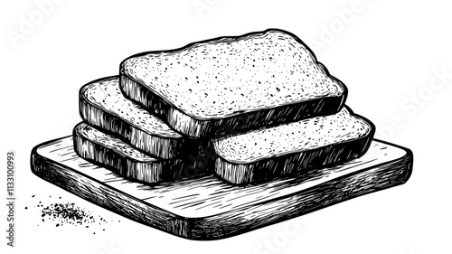 Close-up of ciabatta bread slices stacked on a cutting board with crumbs, Food Illustration