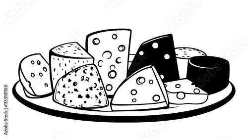 Collection of cheeses arranged in an organized pattern on a white plate, Food Illustration