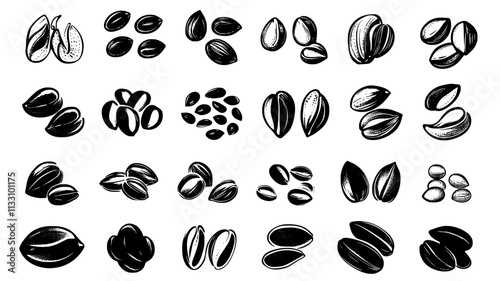 Collection of nuts and seeds placed side by side in rows, Food Illustration