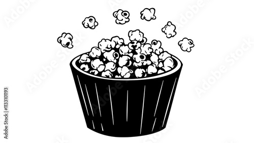 Container filled with kettle corn, with coated kernels spilling over, Food Illustration