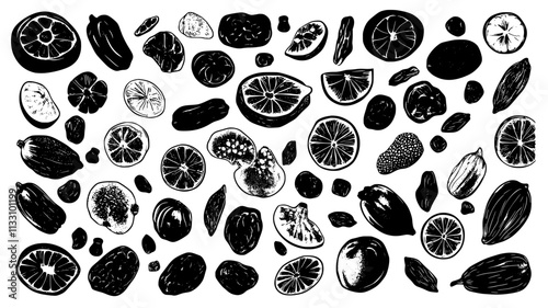 Collection of dried fruits displayed evenly across a smooth surface, Food Illustration