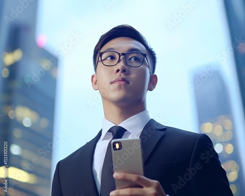 Young Asian businessman in a suit holding a smartphone, looking confidently at the city skyline during twilight.