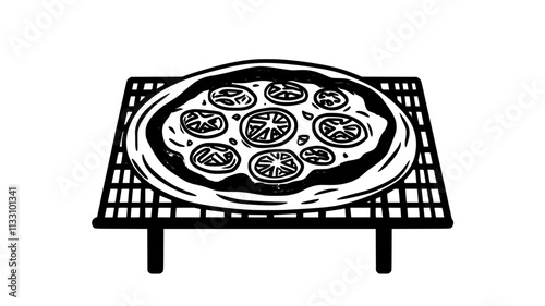 Gluten-free pizza cooling on a rack with uniformly arranged toppings, Food Illustration
