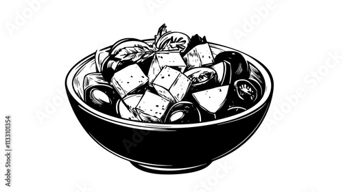 Greek salad in a bowl including cucumbers, tomatoes, olives, red onions, and feta cheese crumbles, Food Illustration