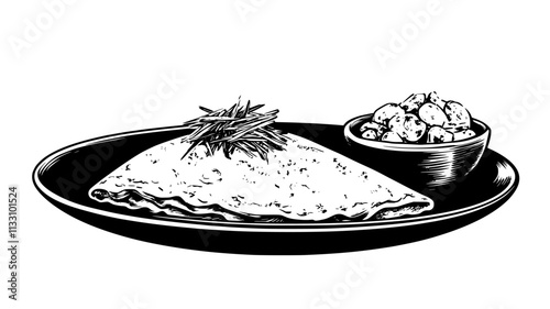 Large omelet on a plate with a small bowl of toppings placed beside it, Food Illustration