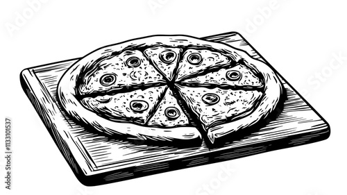 Margherita pizza on a wooden board, fresh out of the oven, Food Illustration