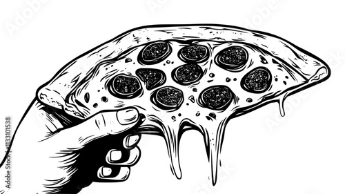 Meat lovers pizza slice being held up to show the crust and meat toppings, Food Illustration