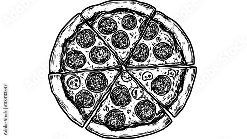 Meat lovers pizza with meats evenly distributed across the entire pizza surface, Food Illustration