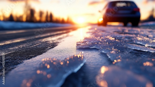 Car parked on a snowy road with a beautiful sunset in the background
