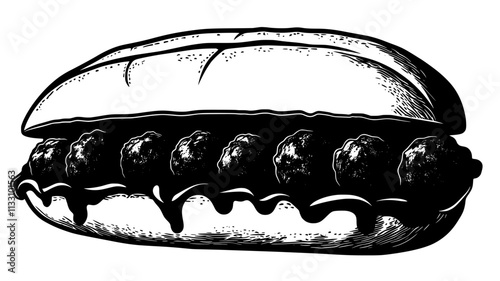 Meatball sub cut in half showing meatballs covered in sauce, Food Illustration