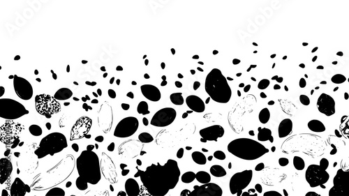 Mixture of nuts, seeds, and dried fruits spread across a flat surface, Food Illustration