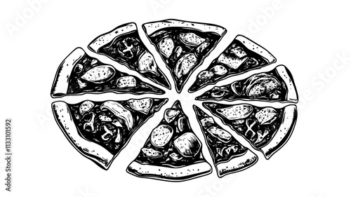 Multiple meat lovers pizza slices arranged in a fan pattern with visible meats, Food Illustration