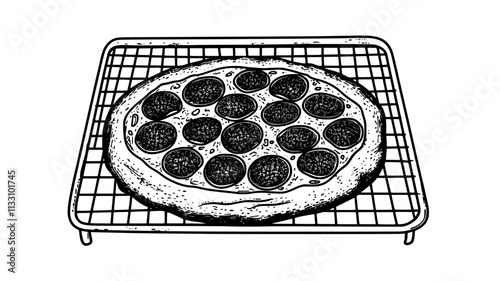 Pepperoni pizza cooling on a wire rack with evenly distributed toppings, Food Illustration