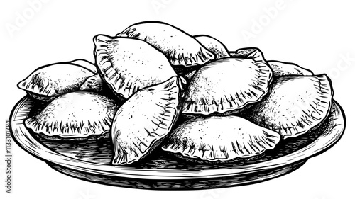 Pile of chicken empanadas on a wooden table, ready to serve, Food Illustration