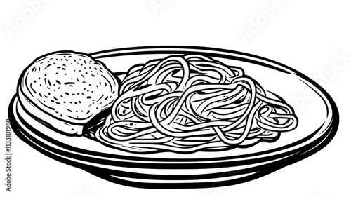 Fettuccine in Alfredo sauce with a slice of bread on a white plate, Food Illustration