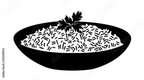 Pilaf in a shallow, round ceramic dish with visible grains and garnish, Food Illustration