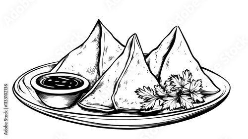 Samosas with chutney on a white plate, Food Illustration