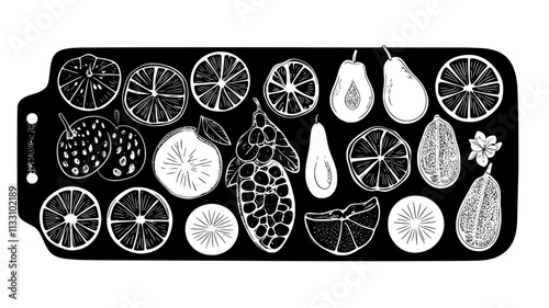 Sliced fruits arranged neatly on a rectangular serving board, Food Illustration