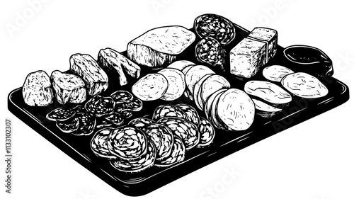 Several charcuterie arranged carefully in rows on a flat serving board, Food Illustration