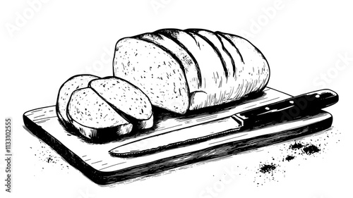 Sliced sourdough loaf on a cutting board with a knife and crumbs, Food Illustration