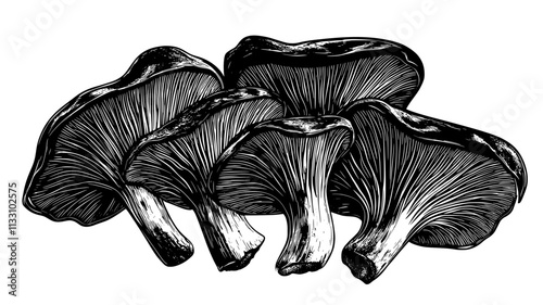 Sliced porcini mushrooms arranged in a fan shape on a wooden surface, Food Illustration