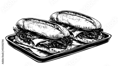 Two sub sandwiches on a tray, each containing meat, cheese, and fresh vegetables, Food Illustration
