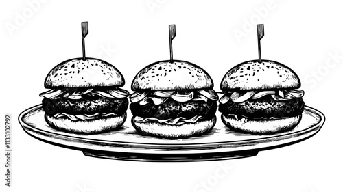 Trio of sliders with lettuce, tomato, and onions on a plate, Food Illustration