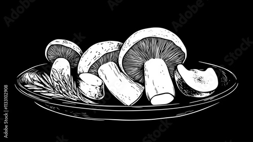 Whole and sliced porcini mushrooms placed on a serving platter, Food Illustration