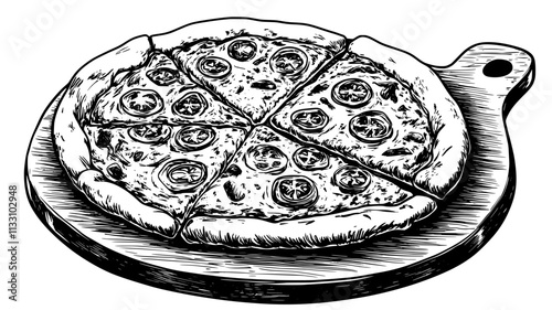 Whole gluten-free pizza with crispy crust on a wooden board, Food Illustration